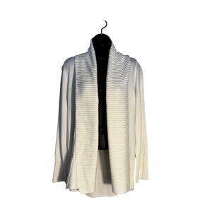 Joan Vass Ribbed Hem Open Front Cardigan Large Acrylic Rayon Blend White